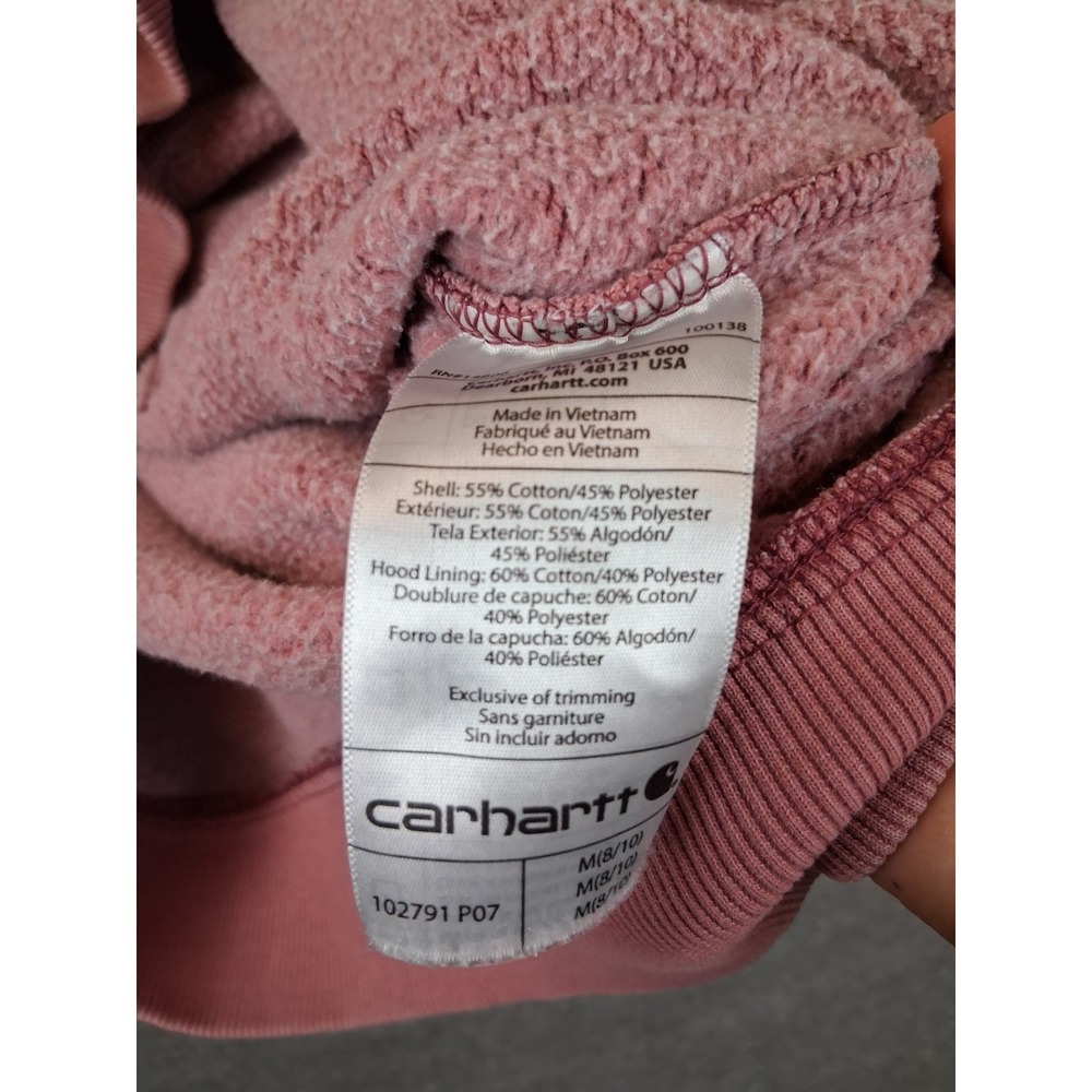 Carhartt Womens Sweatshirt Medium Pink Pullover Hoodie Bleached Spellout - Picture 6 of 9